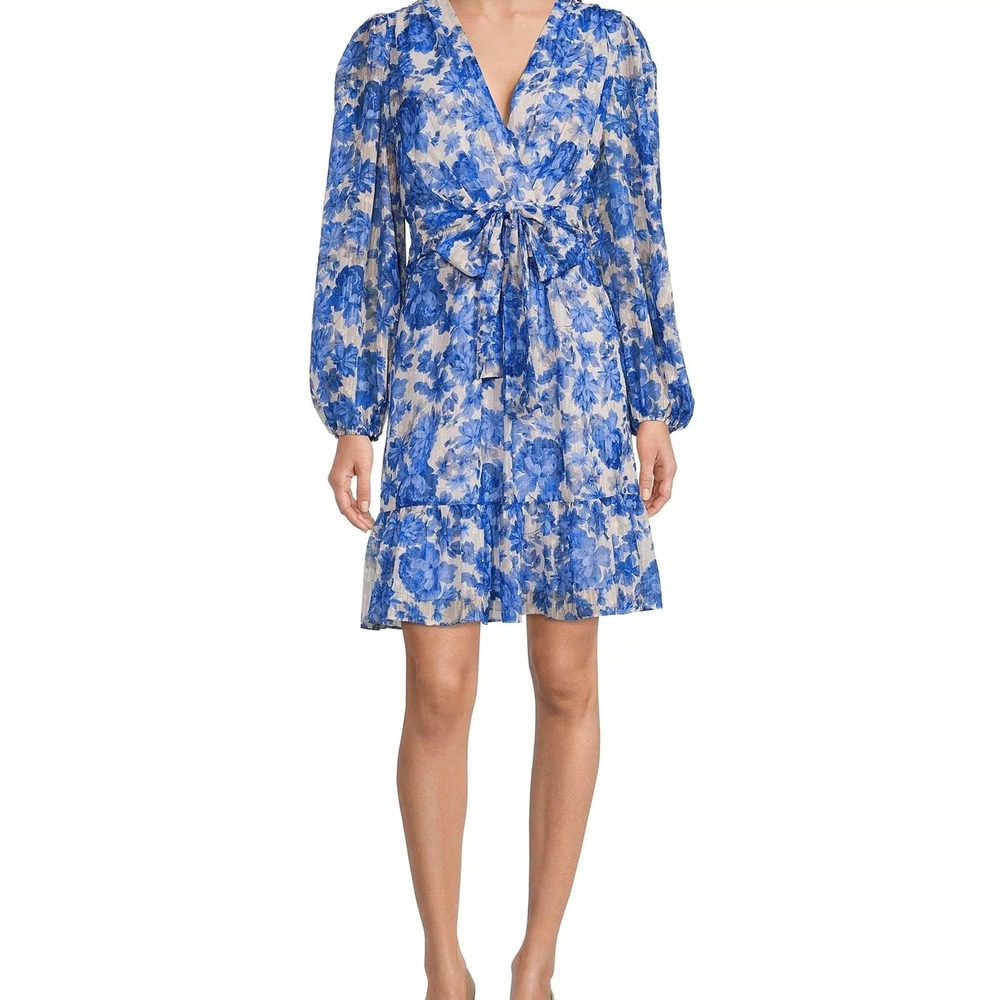Alex Marie Simone Cobalt Floral Print Puff Sleeve Tiered A-Line V-neck Dress